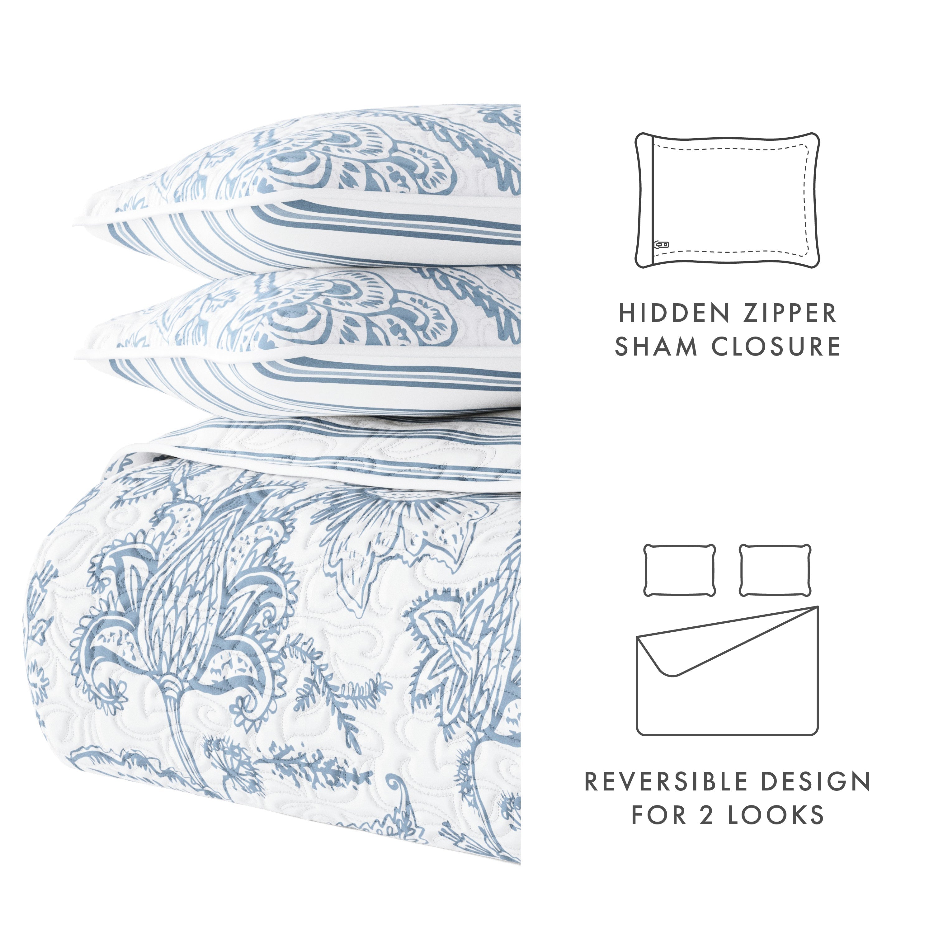 Jacobean/Stripe Reversible Quilted Coverlet Set (Sale) - Linen-sandhutch