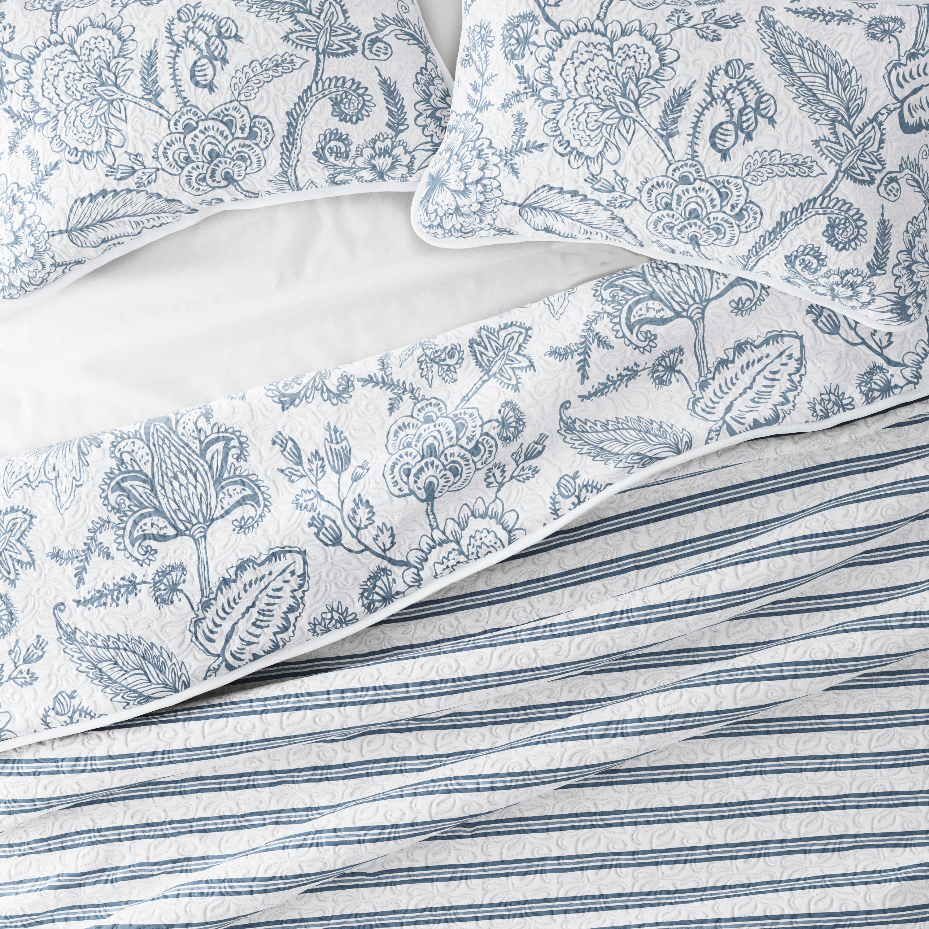 Jacobean/Stripe Reversible Quilted Coverlet Set (Sale) - Linen-sandhutch