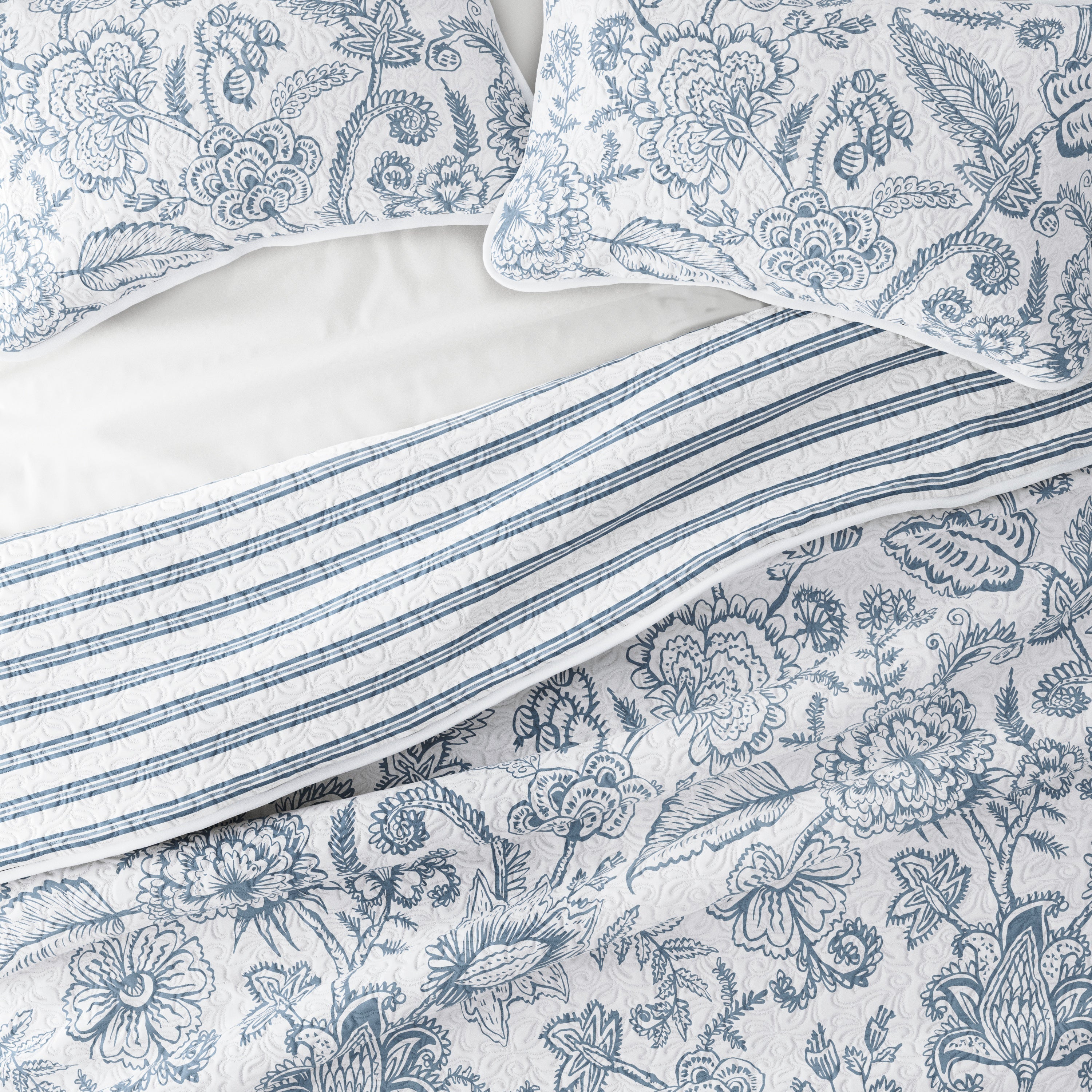 Jacobean/Stripe Reversible Quilted Coverlet Set (Sale) - Linen-sandhutch
