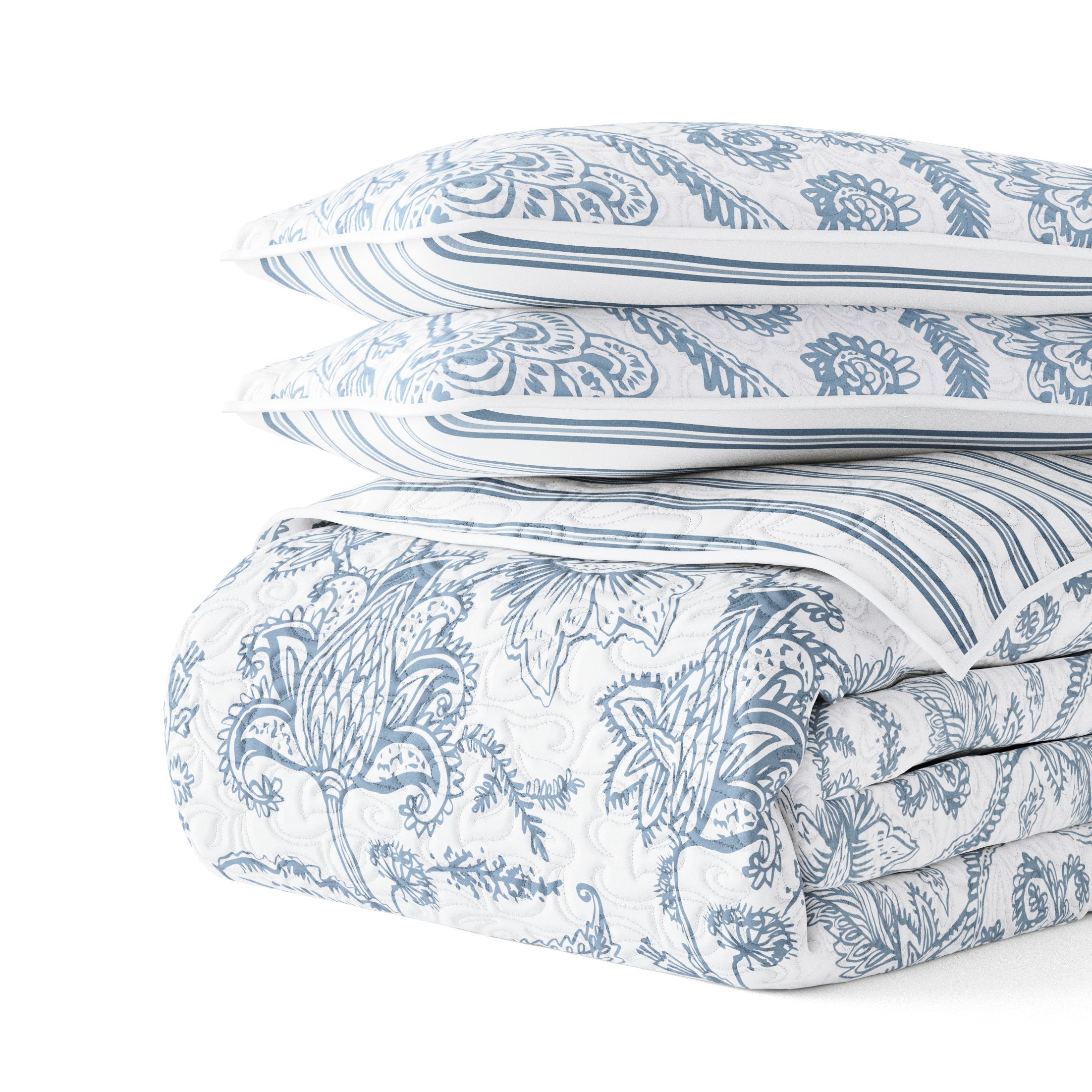 Jacobean/Stripe Reversible Quilted Coverlet Set (Sale) - Linen-sandhutch