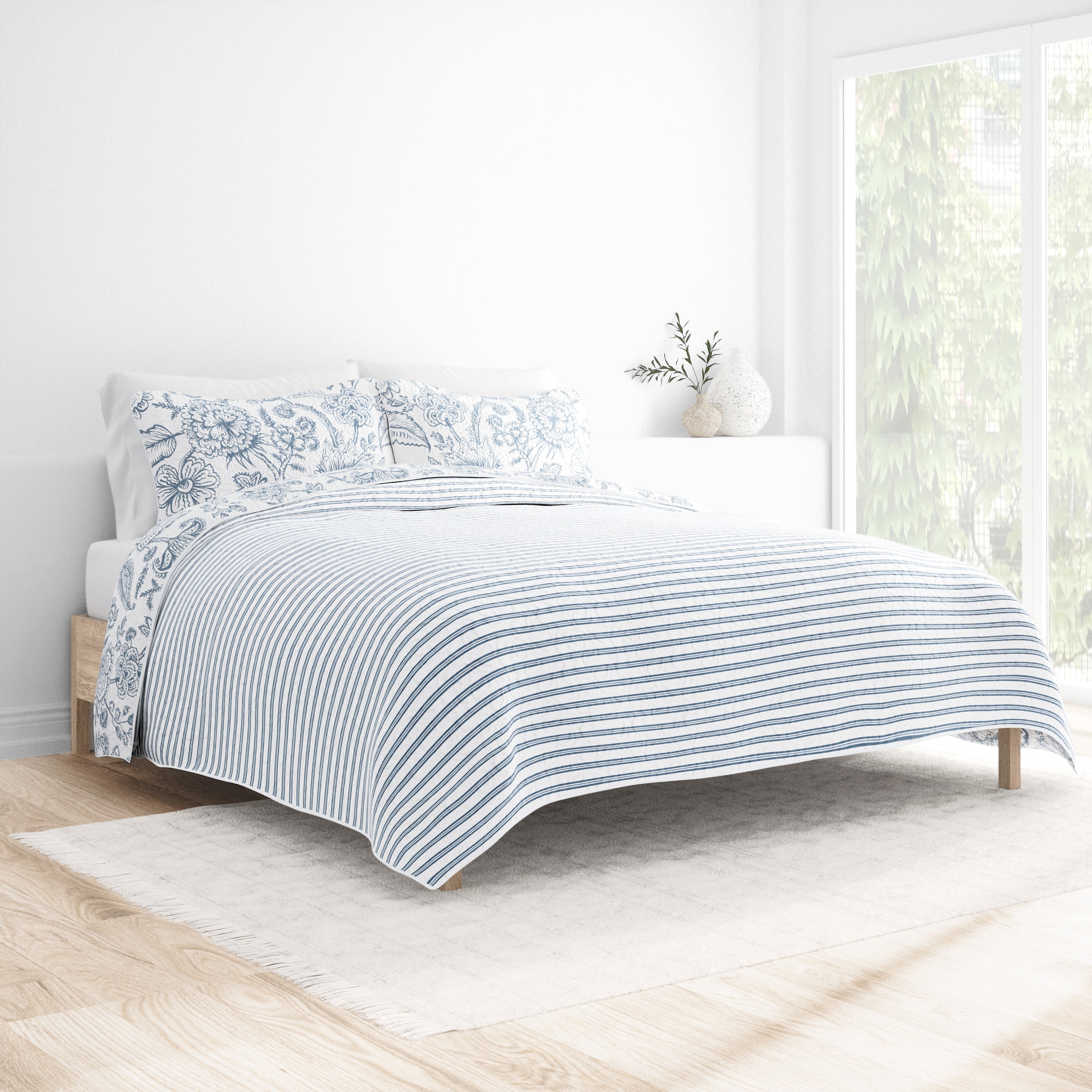 Jacobean/Stripe Reversible Quilted Coverlet Set (Sale) - Linen-sandhutch