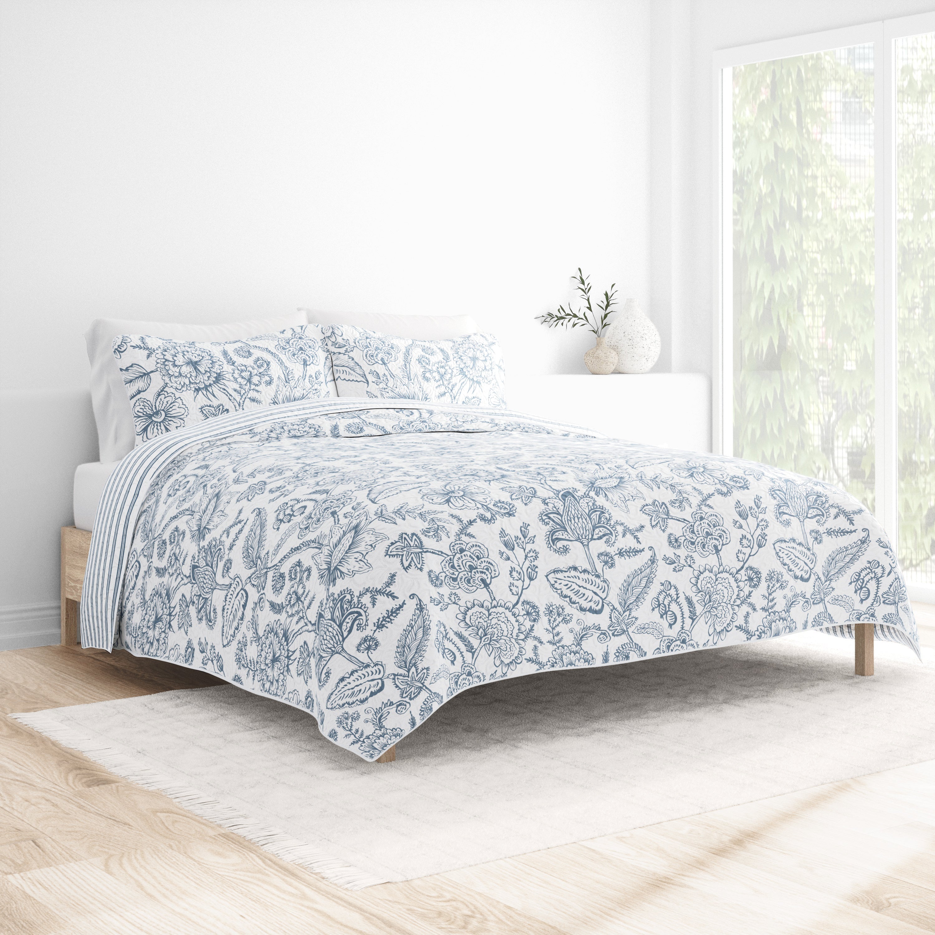 Jacobean/Stripe Reversible Quilted Coverlet Set (Sale) - Linen-sandhutch