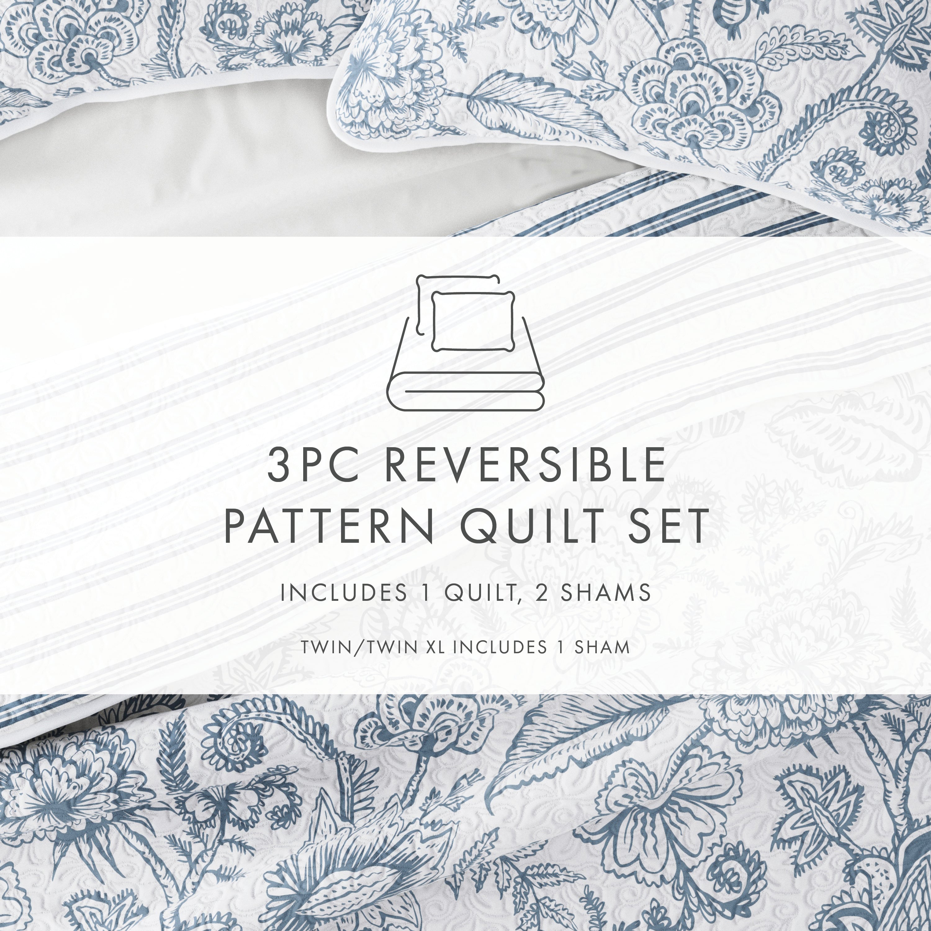 Jacobean/Stripe Reversible Quilted Coverlet Set (Sale) - Linen-sandhutch